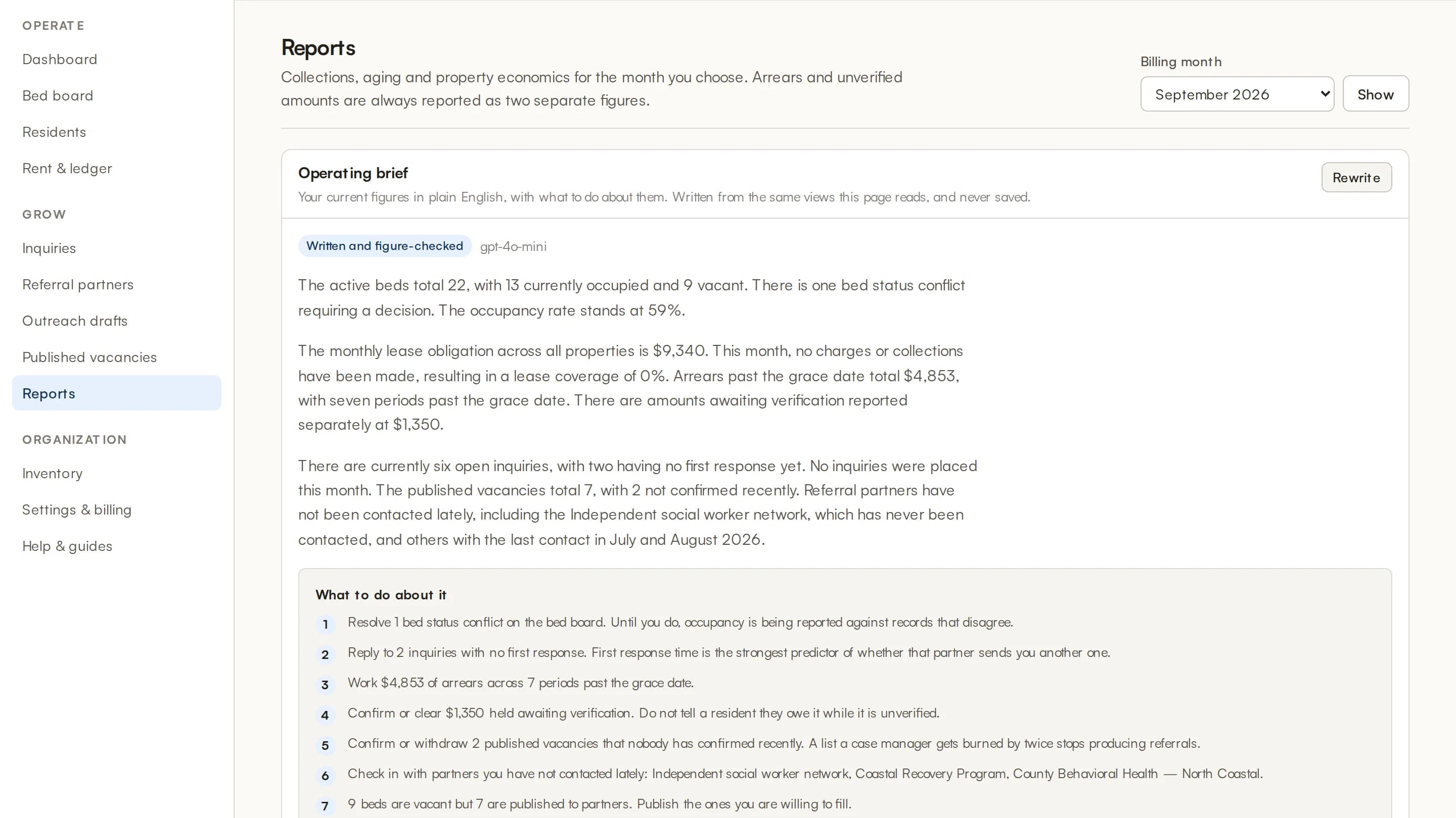 The reports page with the operating brief: three written paragraphs of current figures and a numbered list of actions.