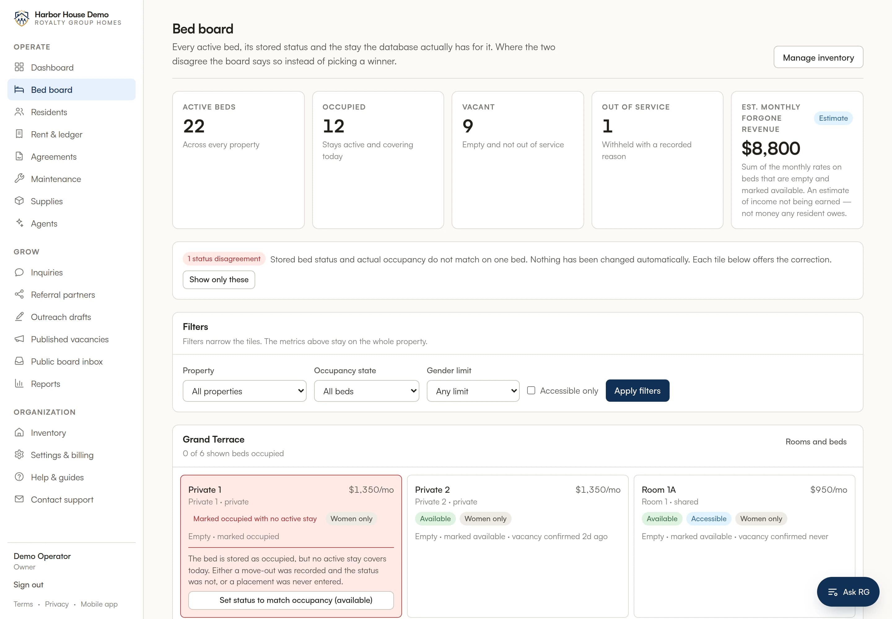 The current bed board with occupancy totals, available beds, a highlighted status disagreement, and the Ask RG assistant, using example records.