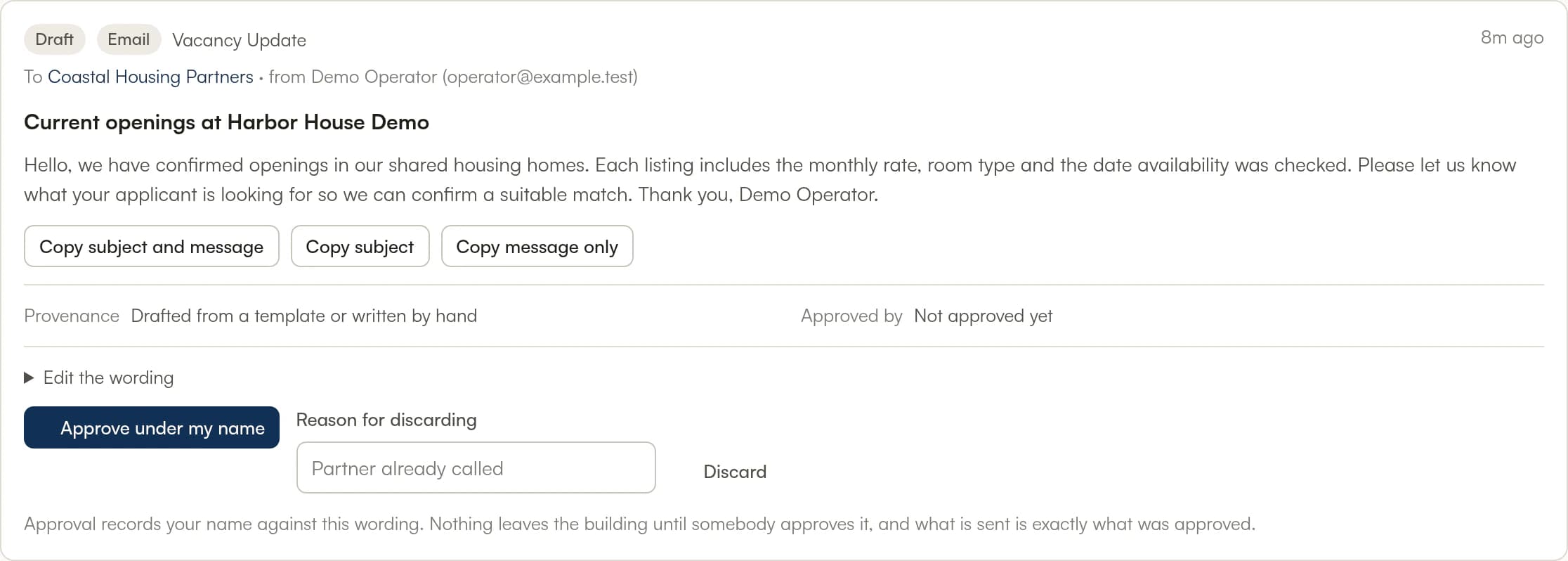 A current outreach draft for an example referral partner, with copy controls, provenance, editing and an Approve under my name button.