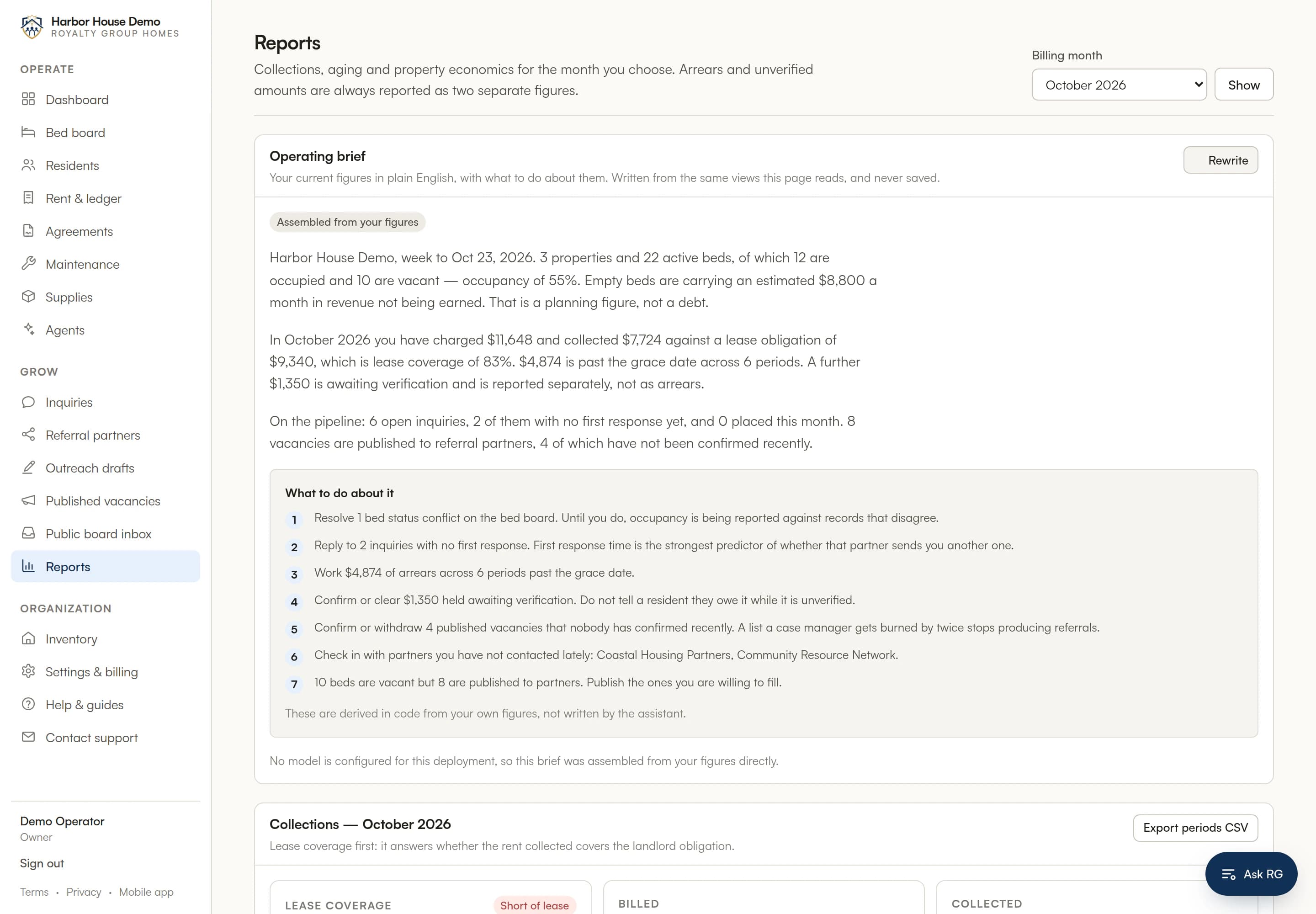 The current reports screen with an operating brief assembled from example figures and a numbered list of recommended actions.