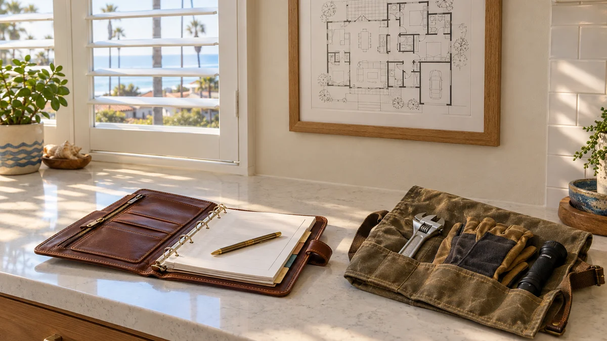 Open leather emergency binder, canvas tool roll with a utility shutoff wrench, work gloves and flashlight, and a framed house floor-plan diagram on a sunlit kitchen counter.