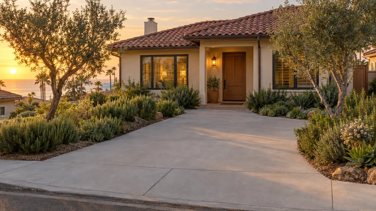 Wide, unobstructed concrete driveway and front entryway of a single-story Southern California coastal bungalow independent living home at golden hour.