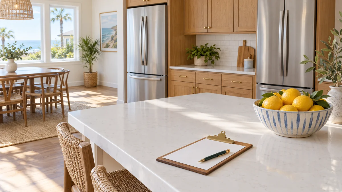 Spotless shared kitchen inside a Southern California independent living home with a wooden walk-through clipboard and brass pen resting on a white quartz island next to a bowl of fresh lemons.