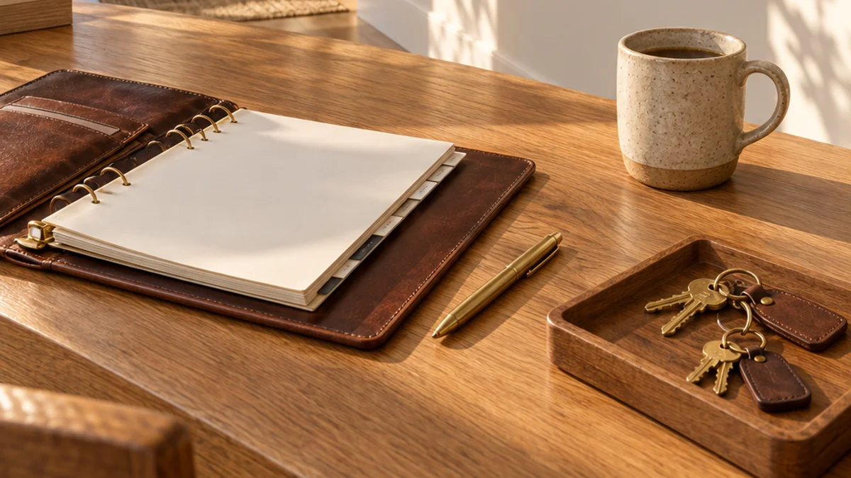 Sunlit oak desk holding an open leather house manager binder, a brass pen, a stoneware coffee mug and a wooden tray of brass house keys on leather fobs.