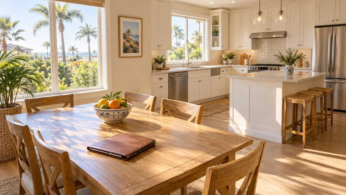 Sunlit kitchen and dining table with a house rules binder inside a Southern California independent living home.