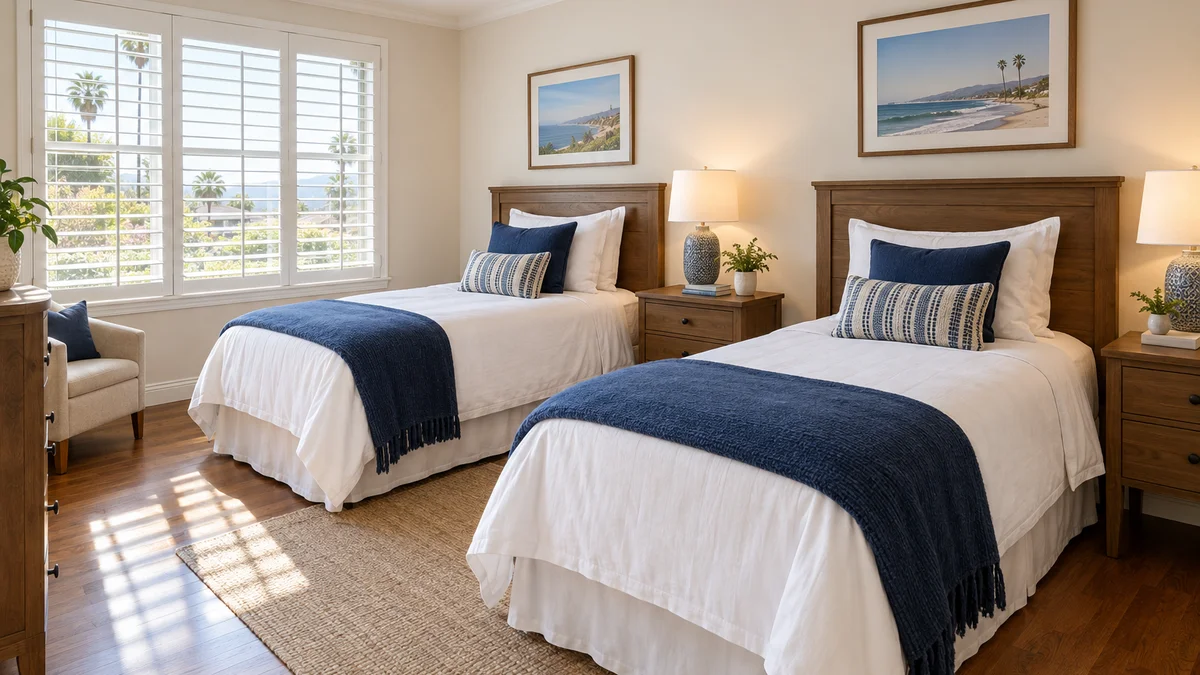Two neatly made twin beds with navy blankets in a bright shared bedroom of an independent living home.