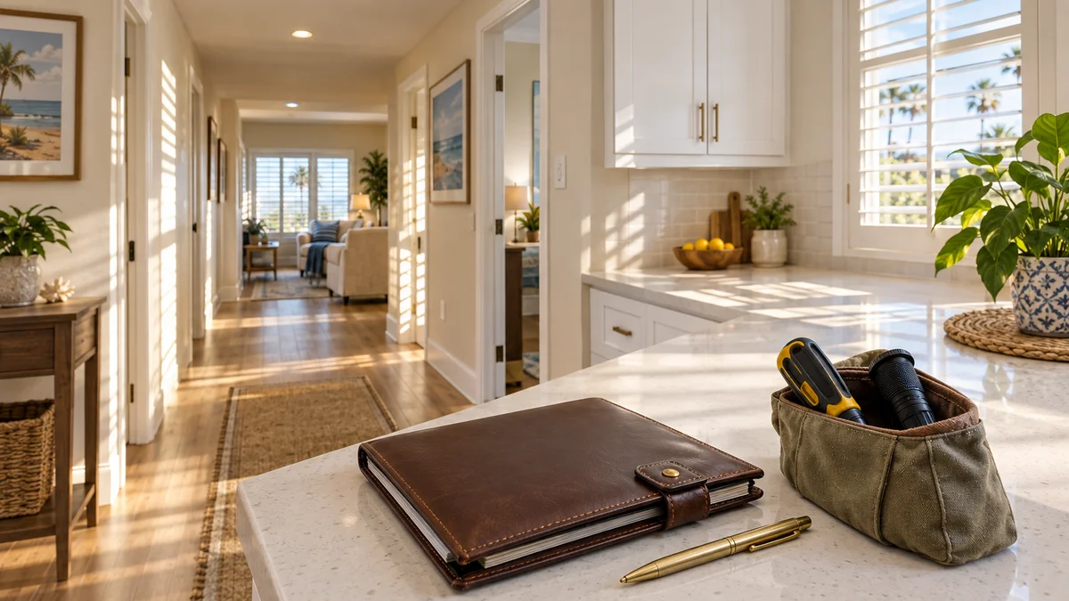Sunlit hallway and kitchen counter with a leather maintenance binder and tool pouch inside a Southern California independent living home.