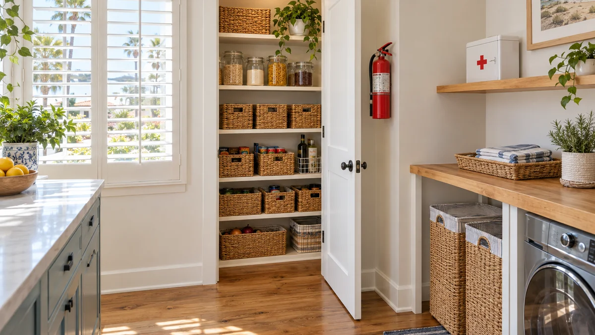 Wall-mounted fire extinguisher, first-aid kit and organized pantry inside a sunlit shared kitchen of an independent living home.