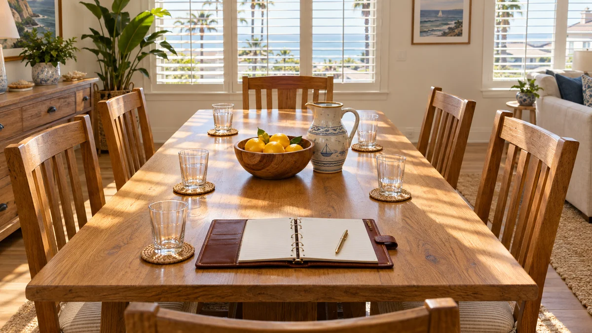 Sunlit oak dining table with six wooden chairs, an open leather agenda binder, brass pen and water glasses inside a Southern California independent living home.