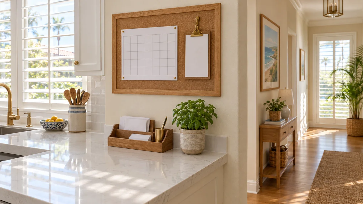 Oak-framed cork bulletin board with a monthly calendar and clipboard above a sunlit kitchen counter inside a Southern California independent living home.