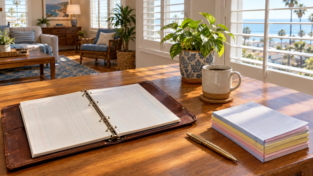 Open leather rent ledger binder, receipt books and a brass pen on a sunlit wooden desk inside a Southern California independent living home.