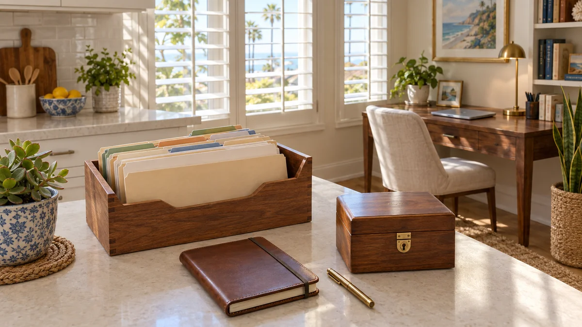 Wooden file tray with monthly rent folders, a leather notebook, a brass pen and a locked check box on a sunlit counter inside an independent living home.