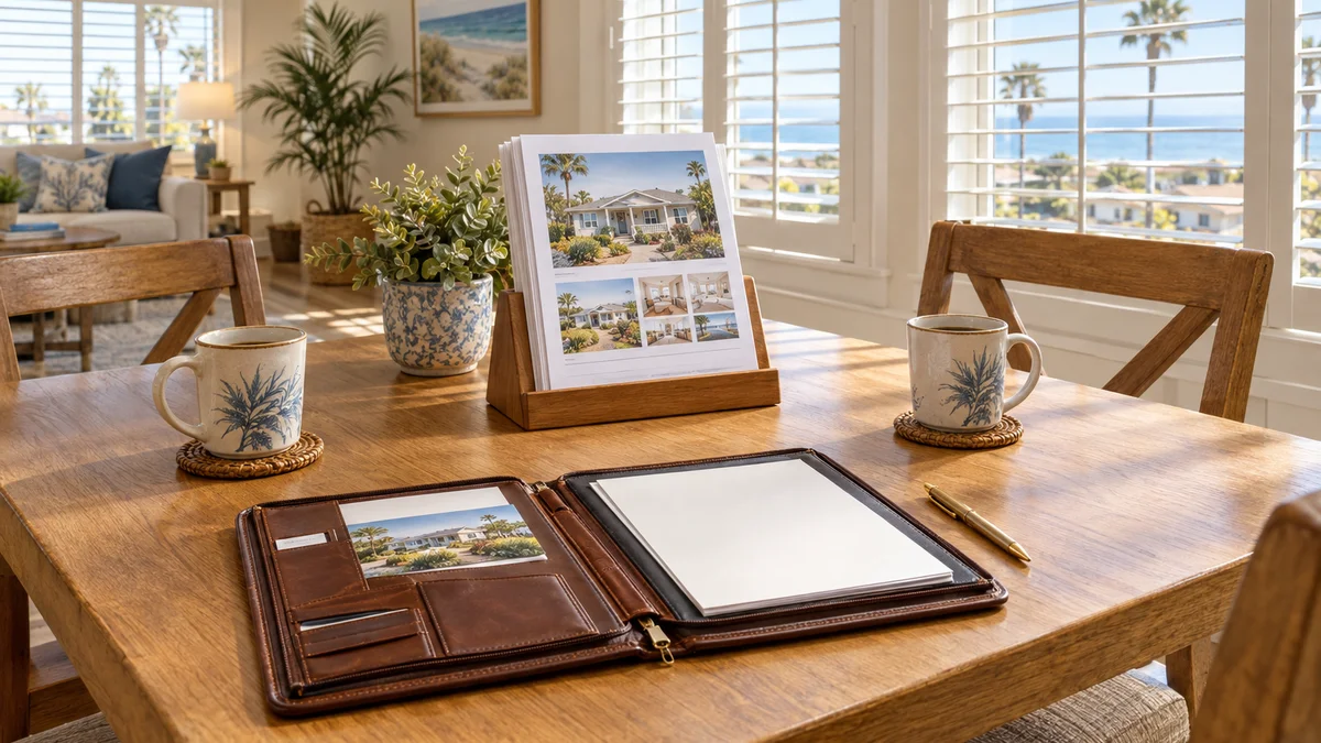 Sunlit oak dining table with a leather house portfolio, printed house fact sheets and two ceramic mugs inside a Southern California independent living home.