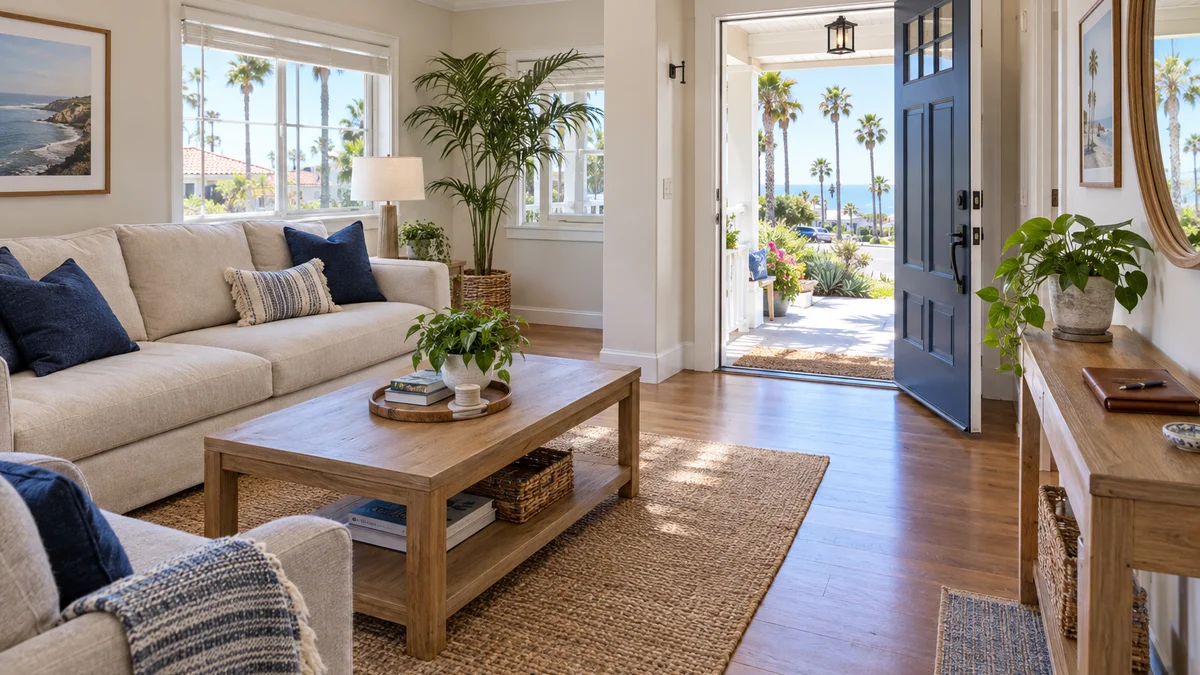 Bright shared living room and open front entryway with a linen sofa and oak coffee table inside a Southern California independent living home.