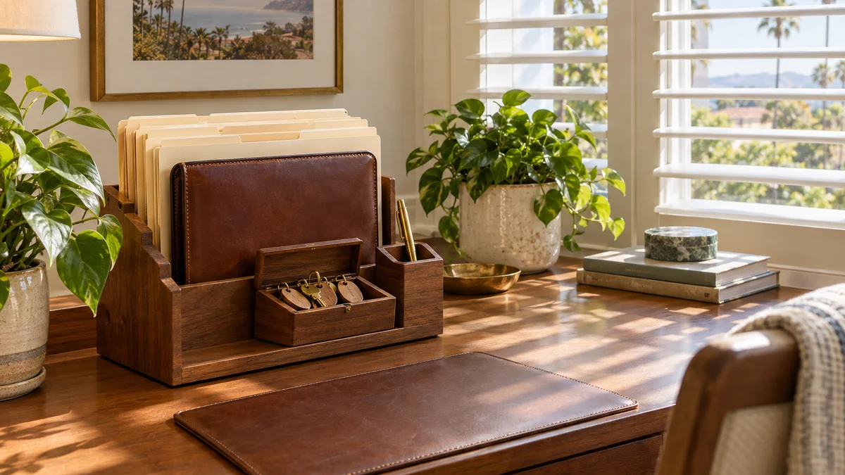 Organized wooden desk holder with resident agreement folders, a leather portfolio and labeled wooden room key tags inside a sunlit independent living home office.