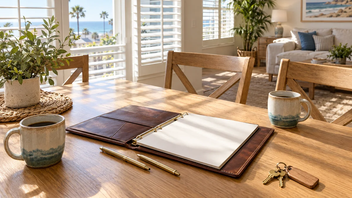 Open leather resident agreement binder, two brass pens and house keys on a sunlit oak dining table inside a Southern California independent living home.