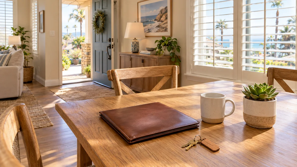 Sunlit dining table with a leather welcome folder and house keys inside a Southern California independent living home.