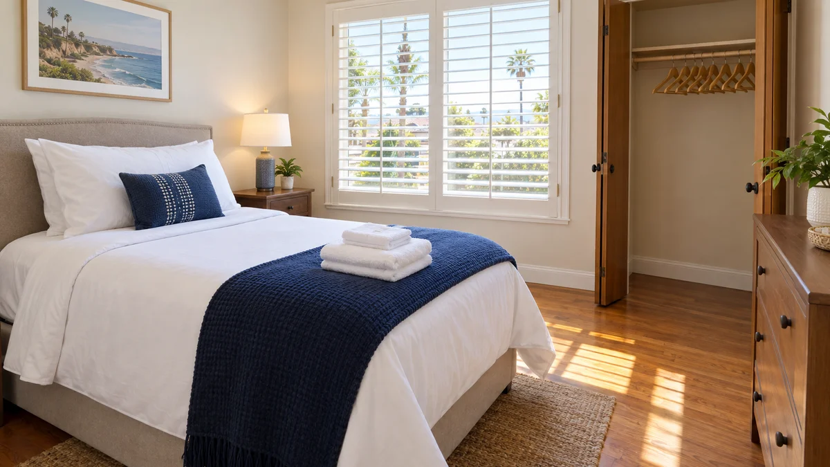 Freshly made bed with folded towels and an empty closet in a bright, move-in-ready room of an independent living home.