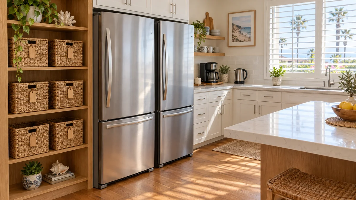 Organized shared kitchen with two stainless steel refrigerators and six labeled woven pantry baskets inside a sunlit Southern California independent living home.