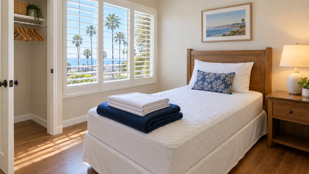 Freshly turned bedroom with a clean mattress protector and folded linens inside a Southern California independent living home.