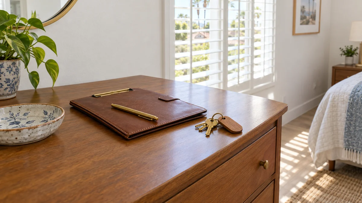 Leather inspection folder, brass pen and returned house keys on a wooden dresser inside a sunlit bedroom of an independent living home.